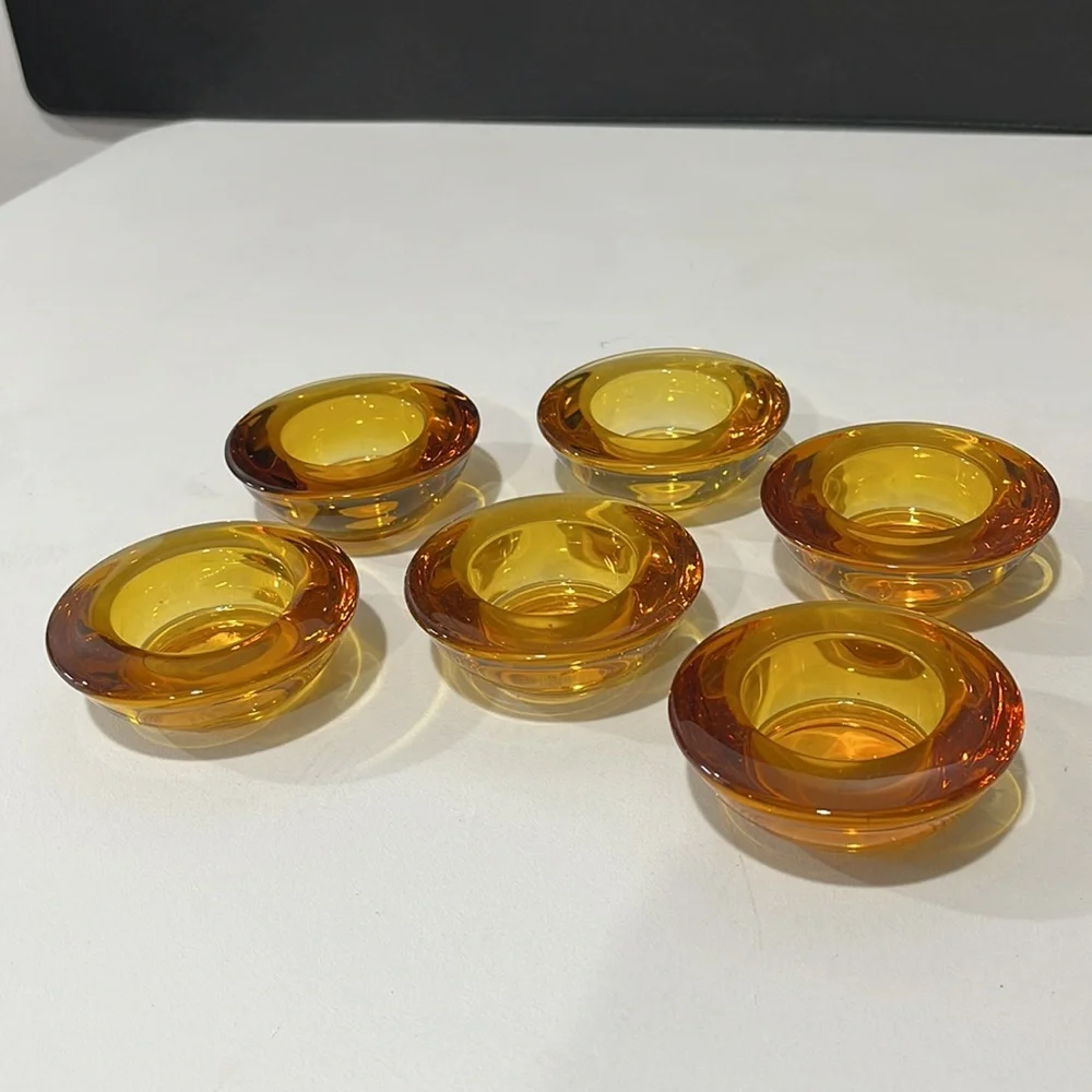 Crate & Barrel Candle Holders Yellow Amber Glass Votive Tealight Set of 6